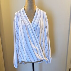LOFT White  Tan Gray Striped Wrap Blouse